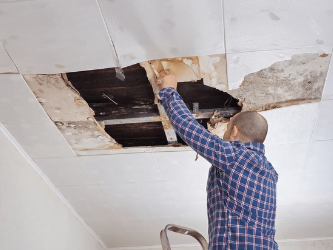 Man on ladder inspecting ceiling damage caused by leaking roof