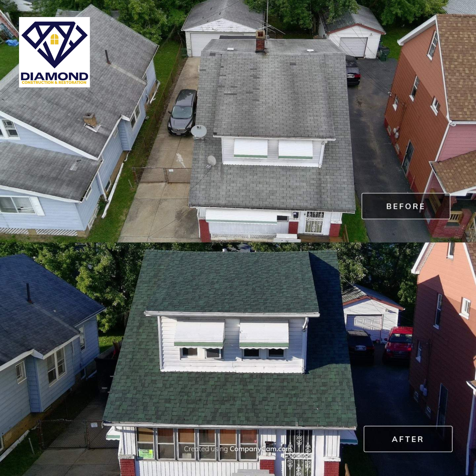 Before-and-after aerial images of a residential roof restoration by Diamond Construction and Restoration, showing the upgrade from storm-worn green shingles to new Chateau Green architectural shingles from Owens Corning.