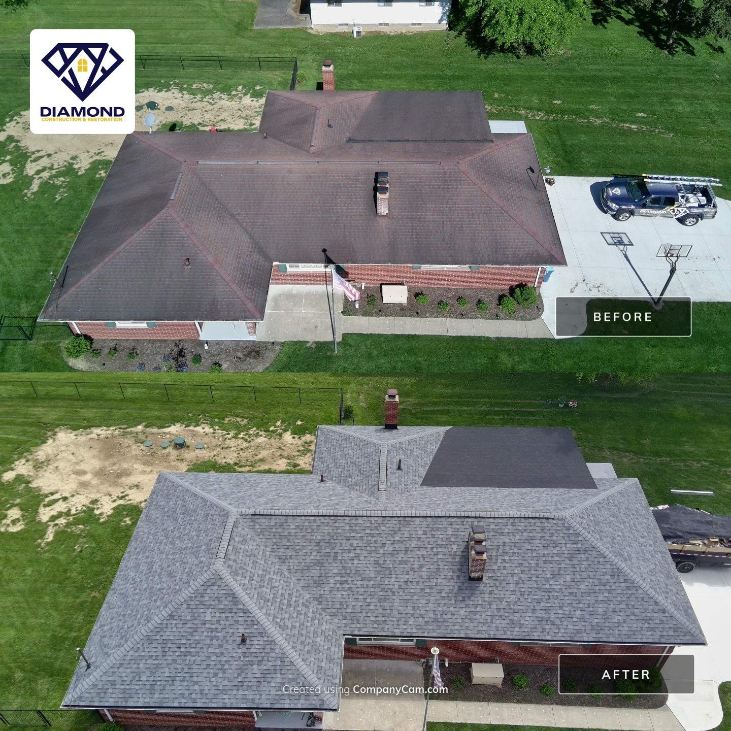 Aerial before-and-after photos of a brick home showing a roof replacement by Diamond Construction and Restoration, upgrading from worn brown shingles to a new Estate Gray Owens Corning architectural roof