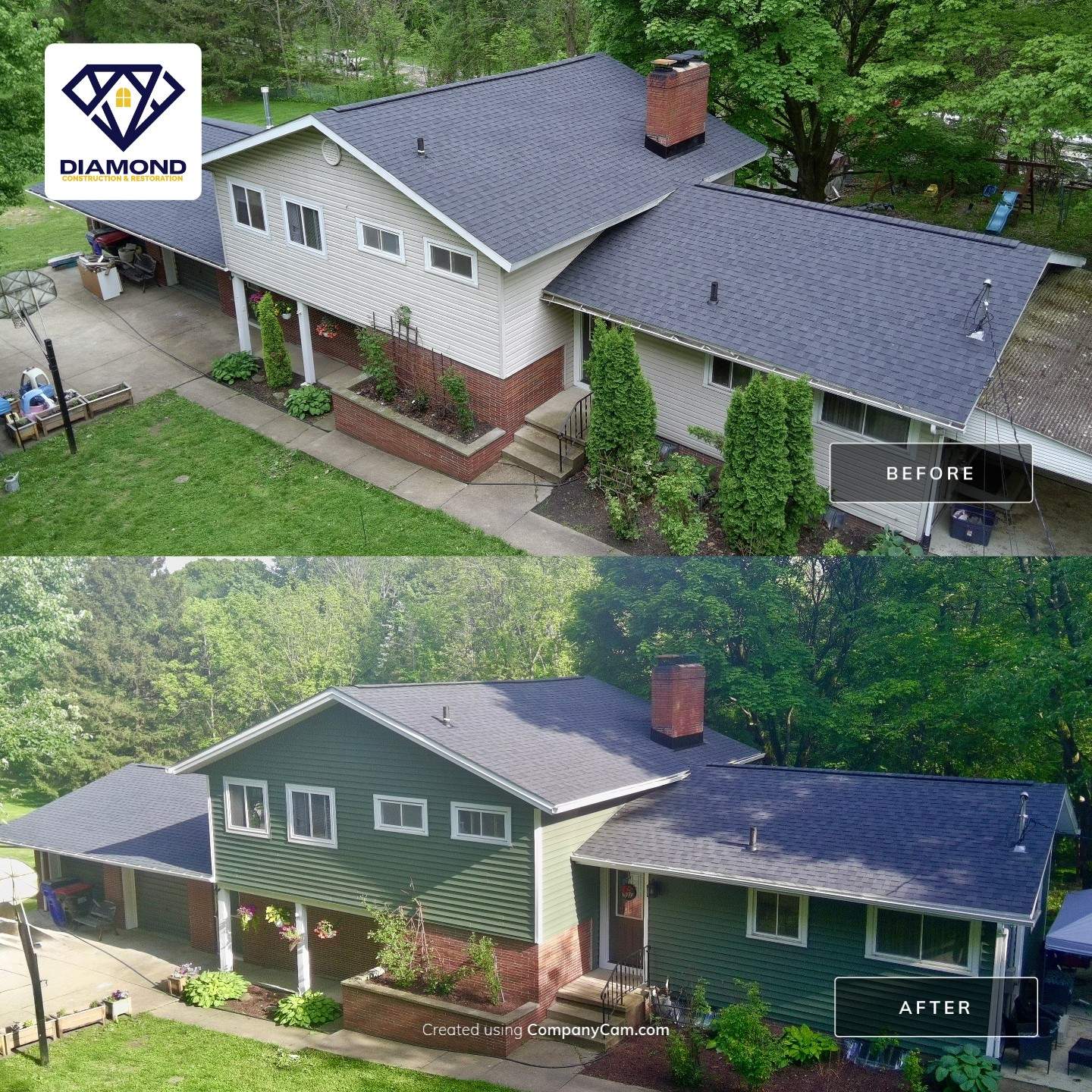 Before and after photos of a home transformed with new green vinyl siding and a dark roof, showing Diamond Construction and Restoration’s exterior remodeling craftsmanship.