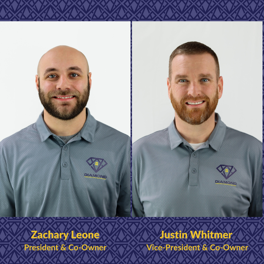 Zachary Leone and Justin Whitmer, co-owners of Diamond Construction and Restoration, wearing branded company polos and smiling for professional headshots.